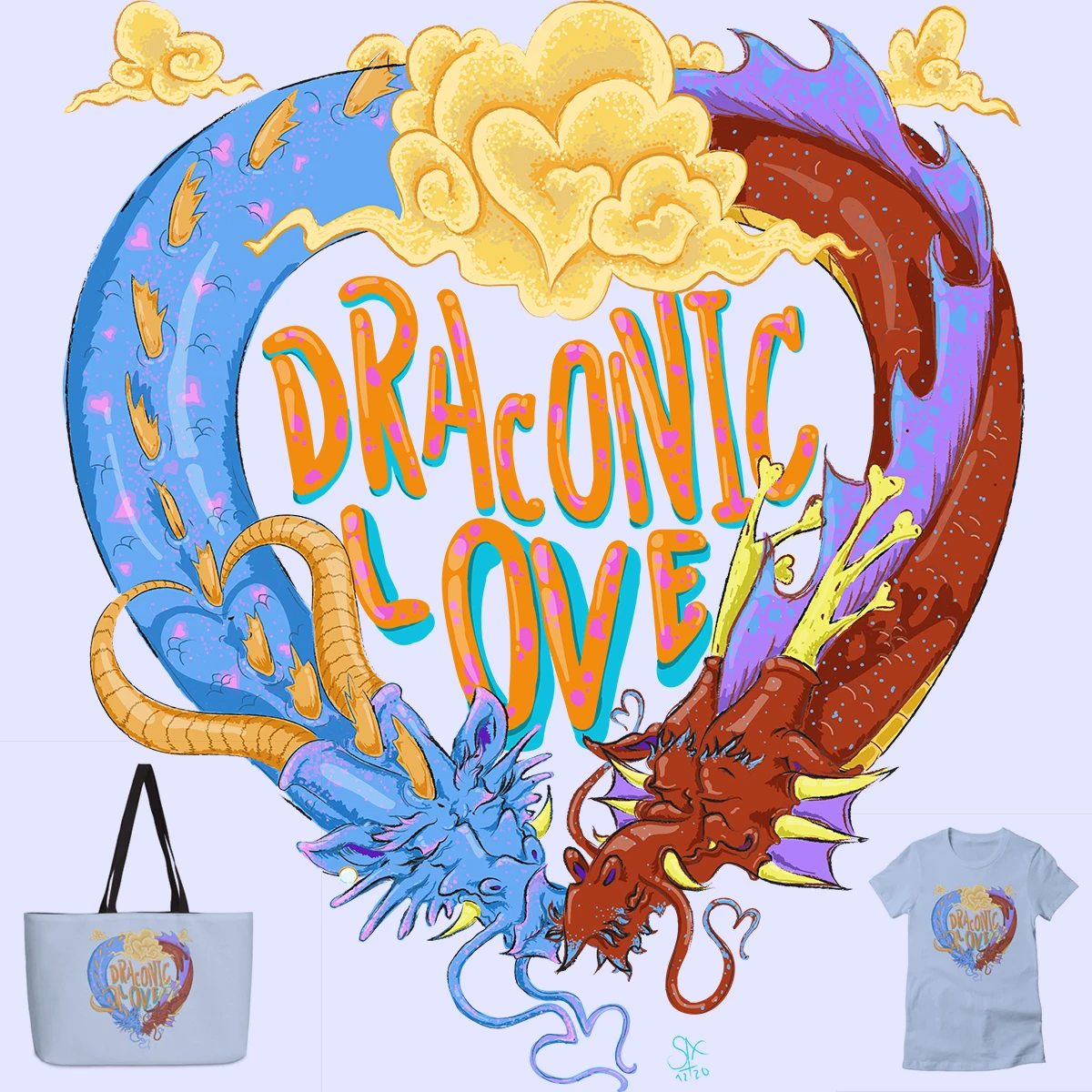 Two stylized dragons — one blue, one red — curl together to form a heart around bold hand-lettered typography. Commercial illustration for branded merchandise by Sergio Ayala, 2019.